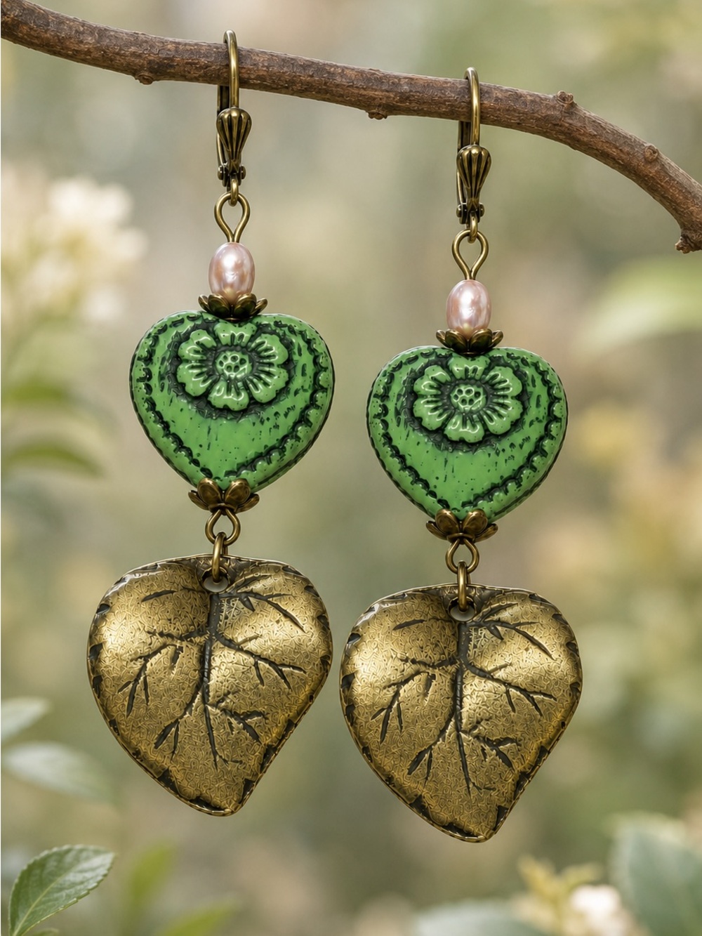 Green Czech Glass Heart & Antique Brass Leaf Statement Earrings
